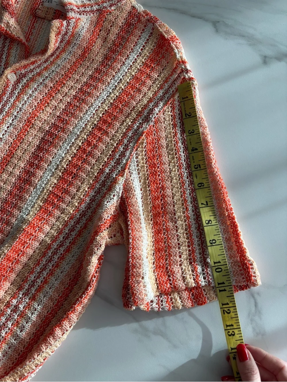 Zara Knit Short-Sleeve Striped Button-Down Resort Shirt in Coral sz L